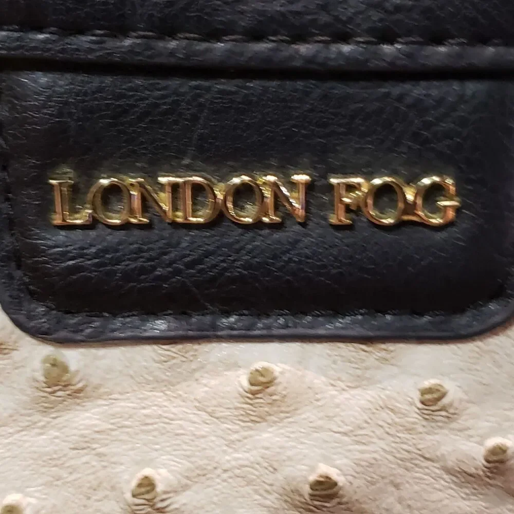 London Fog Faux Ostrich Skin Purse Handbag Black/Beige Lock Key Design 5 Pockets - Picture 3 of 10